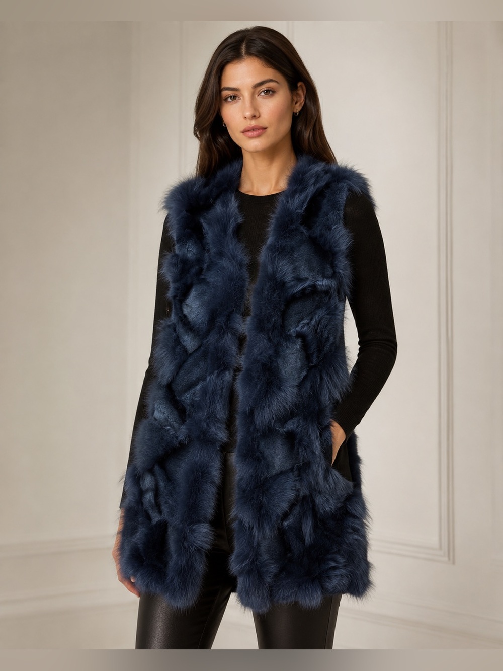 Alberto Makali Genuine Fox Fur Long Vest Navy Blue Size L